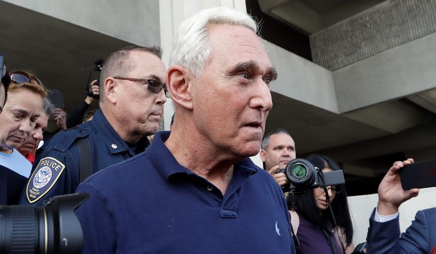 Roger Stone, who was arrested Friday, was charged with one count of obstruction of justice, five counts of false statements and one count of witness tampering. He said he will plead not guilty and fight the charges in court. (Associated Press)