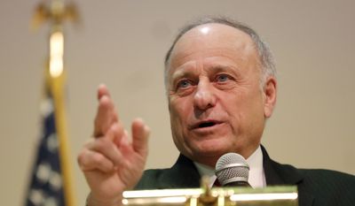 U.S. Rep. Steve King, R-Iowa, speaks during a town hall meeting, Saturday, Jan. 26, 2019, in Primghar, Iowa. King held the first of a promised 39 town hall meetings in his Iowa district since he made racially charged remarks during a newspaper interview this month that led to a formal rebuke and diminished role in Congress. (AP Photo/Charlie Neibergall) **FILE**