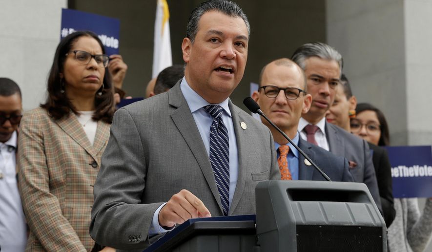 Secretary of State Alex Padilla discusses a proposed constitutional amendment to allow parolees to vote as the amendment&#39;s author, Assemblyman Kevin McCarty, D-Sacramento, right, looks on during a news conference at the Capitol, Monday Jan. 28, 2019, in Sacramento, Calif. (AP Photo/Rich Pedroncelli)