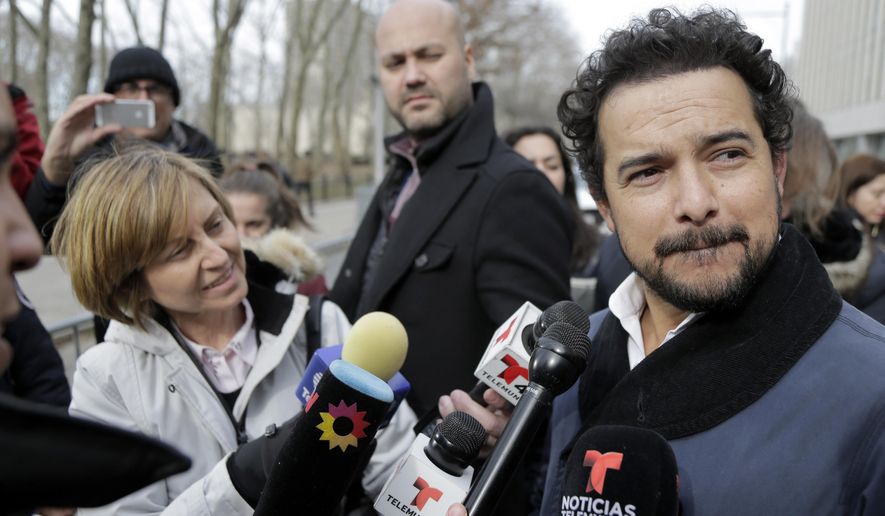 Actor Alejandro Edda talks to reporters outside federal court in the Brooklyn borough of New York, Monday, Jan. 28, 2019. The actor, who portrayed the notorious drug lord El Chapo on a Netflix series, appeared at the kingpin's trial. (AP Photo/Seth Wenig)