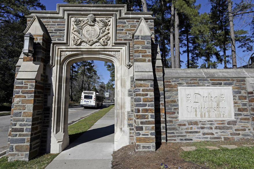 An entrance to the main Duke University campus is seen in Durham, N.C., on Jan. 28, 2019. (AP Photo/Gerry Broome)