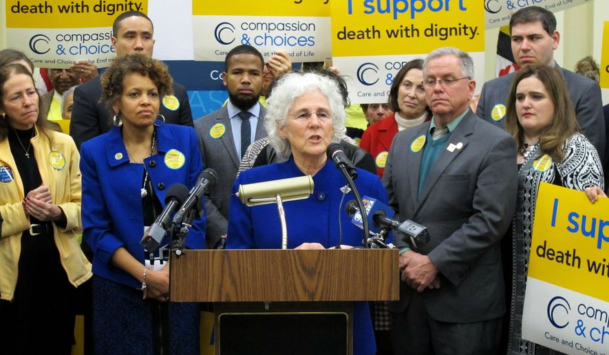 Del. Shane Pendergrass, who is sponsoring legislation in Maryland to allow the terminally ill to end their lives with the help of a doctor, talks about the measure with supporters at a news conference in Annapolis, Maryland, on Tuesday, Jan. 29, 2019. Doctor-assisted deaths are legal in seven states, including California, Colorado, Hawaii, Montana, Oregon, Vermont and Washington, as well as the District of Columbia. (AP Photo/Brian Witte)
