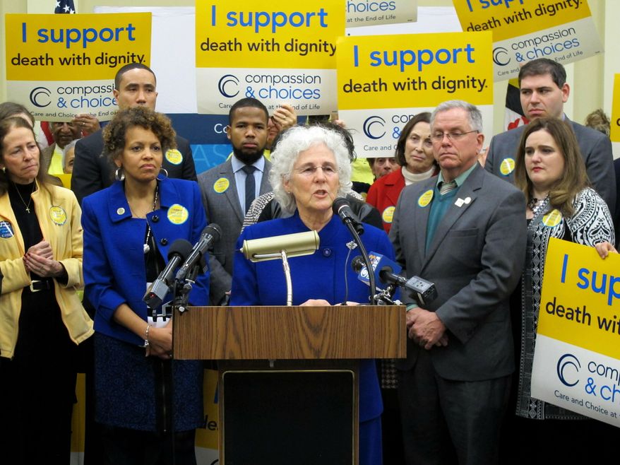 Del. Shane Pendergrass, who is sponsoring legislation in Maryland to allow the terminally ill to end their lives with the help of a doctor, talks about the measure with supporters at a news conference in Annapolis, Maryland, on Tuesday, Jan. 29, 2019. Doctor-assisted deaths are legal in seven states, including California, Colorado, Hawaii, Montana, Oregon, Vermont and Washington, as well as the District of Columbia. (AP Photo/Brian Witte)