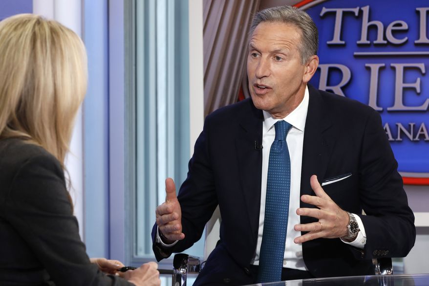 Former Starbucks CEO Howard Schultz is interviewed by FOX News Anchor Dana Perino for her "The Daily Briefing" program, in New York, Wednesday, Jan. 30, 2019. Schultz said he's flirting with an independent presidential campaign that would motivate voters turned off by both parties. (AP Photo/Richard Drew)