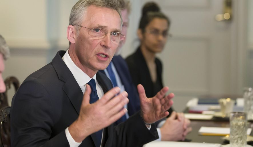 NATO Secretary General Jens Stoltenberg, left, answers a question from the media during a meeting with Acting Defense Secretary Patrick Shanahan at the Pentagon, Monday, Jan. 28, 2019, in Washington. (AP Photo/Alex Brandon)