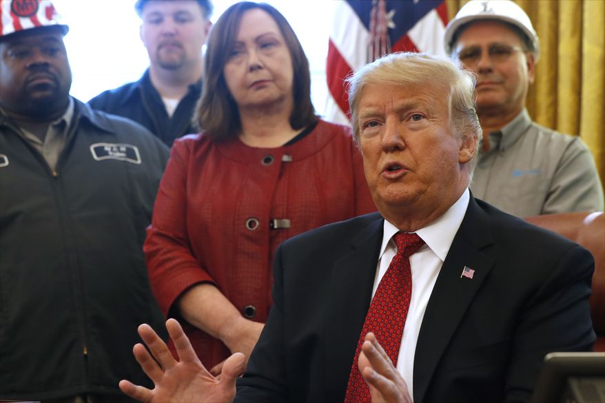 President Donald Trump speaks during a meeting with American manufacturers in the Oval Office of the White House, Thursday, Jan. 31, 2019, in Washington. Trump was signing an executive order pushing those who receive federal funds to "buy American." (AP Photo/Jacquelyn Martin)