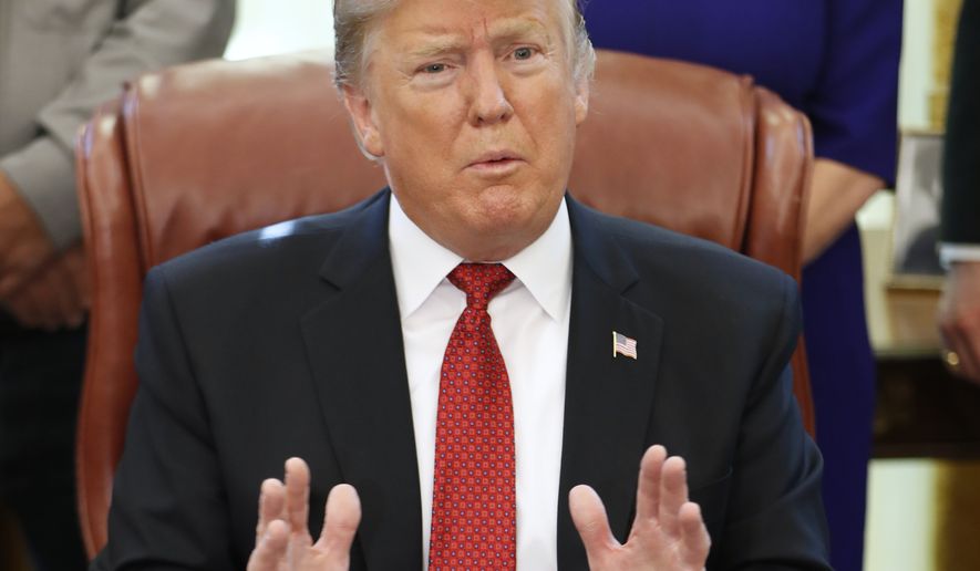 President Donald Trump speaks during a meeting with American manufacturers in the Oval Office of the White House, Thursday, Jan. 31, 2019, in Washington. Trump was signing an executive order pushing those who receive federal funds to &quot;buy American.&quot; (AP Photo/Jacquelyn Martin)