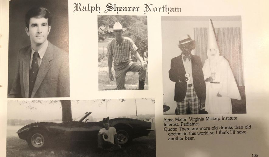 This image shows Virginia Gov. Ralph Northam’s page in his 1984 Eastern Virginia Medical School yearbook. The page shows a picture, at right, of a person in blackface and another wearing a Ku Klux Klan hood next to different pictures of the governor. It&#39;s unclear who the people in the picture are, but the rest of the page is filled with pictures of Northam and lists his undergraduate alma mater and other information about him. (Eastern Virginia Medical School via AP)