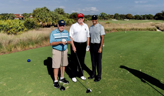 President Trump is shown here with Jack Nicklaus (left) and Tiger Woods (right). Mr. Trump played a round with the golf legends at his golf club in Jupiter, Fla., on Feb. 2, 2019. Photo via Mr. Trump&#39;s personal Twitter account, @realDonaldTrump. (Twitter) []