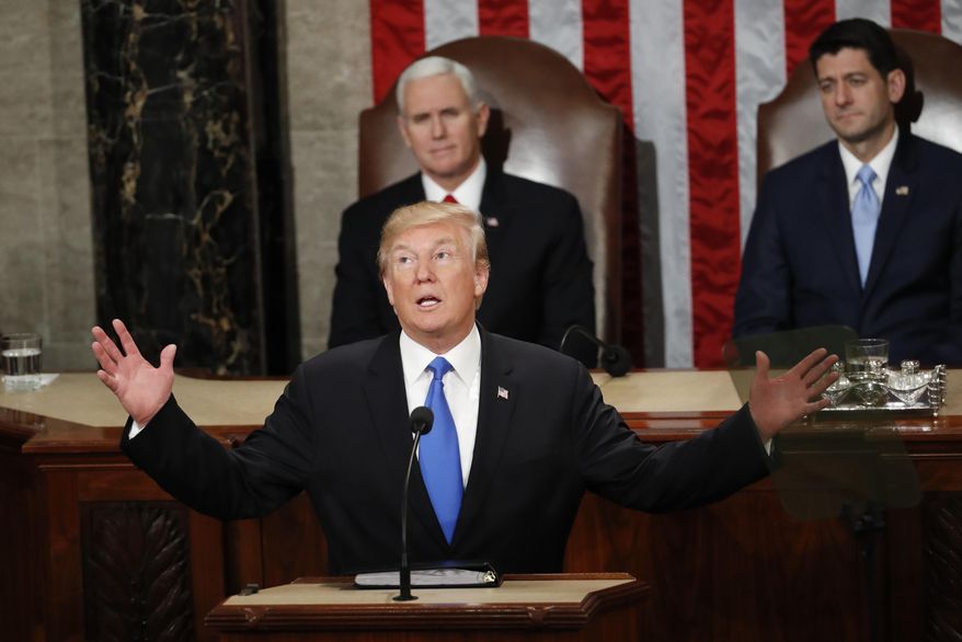 FILE - In this Jan. 30, 2018 file photo, President Donald Trump delivers his State of the Union address to a joint session of Congress on Capitol Hill in Washington. Trump delivers his rescheduled State of the Union address after a wrenching government shutdown and with the battle over border wall funding still unresolved. (AP Photo/Pablo Martinez Monsivais, File)