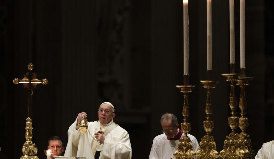 Pope Francis celebrates Mass with members of religious institutions on the occasion of the celebration of the XXIII world day of consecrated life in St. Peter&#x27;s Basilica, at the Vatican, Saturday, Feb. 2, 2019. (AP Photo/Gregorio Borgia)