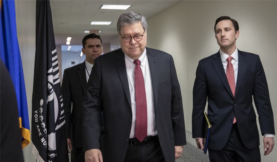 Attorney General nominee William Barr arrives to meet with Sen. Richard Blumenthal, D-Conn., a member of the Senate Judiciary Committee, at the Capitol in Washington, Monday, Feb. 4, 2019. (AP Photo/J. Scott Applewhite) ** FILE **