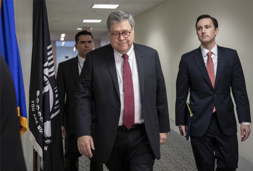 Attorney General nominee William Barr arrives to meet with Sen. Richard Blumenthal, D-Conn., a member of the Senate Judiciary Committee, at the Capitol in Washington, Monday, Feb. 4, 2019. (AP Photo/J. Scott Applewhite) ** FILE **