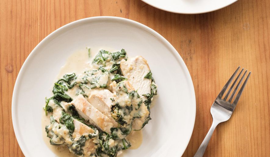This undated photo provided by America's Test Kitchen in October 2018 shows Chicken Florentine in Brookline, Mass. This recipe appears in the cookbook "How to Braise Everything." (Daniel J. van Ackere/America's Test Kitchen via AP)