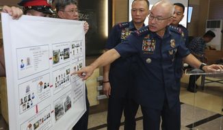 In this photo provided by Philippine National Police, Director General Oscar Albayalde, Chief of the Philippine National Police, points to the diagram during a news conference Monday, Feb. 4, 2019 at Camp Crame in suburban Quezon city northeast of Manila, to announce that five suspected Abu Sayyaf militants wanted for alleged involvement in the bombing of a church in southern Philippines have surrendered to authorities. Police chief Oscar Albayalde said Monday that the five will be charged with murder for their role in the Jan. 27 bombing of a Roman Catholic cathedral in Sulu province&#39;s Jolo town that killed 23 people and wounded about 100. Police say the suspects escorted the two suicide bombers around Jolo and to a meeting with the Abu Sayyaf commander accused of funding the attack. Police have said the two suicide bombers were Indonesians.(Philippine National Police via AP)