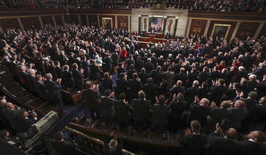 In this Jan. 30, 2018, photo President Donald Trump delivers his State of the Union address to a joint session of Congress on Capitol Hill in Washington. The State of the Union address puts the president, his Cabinet, members of Congress, military leaders, top diplomats and Supreme Court justices all in the same place at the same time for all the world to see. Protecting everyone requires months of planning and coordination involving multiple law enforcement agencies, led by the U.S. Secret Service. (AP Photo/Pablo Martinez Monsivais) **FILE**