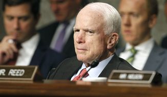 In this July 11, 2017, file photo, Senate Armed Services Committee Chairman Sen. John McCain, R-Ariz. listens on Capitol Hill in Washington, during the committee&#39;s confirmation hearing for Nay Secretary nominee Richard Spencer. (AP Photo/Jacquelyn Martin, File)