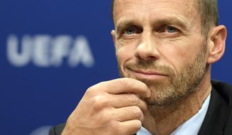 FILE - In this Wednesday, Sept. 20, 2017 file photo, UEFA president Aleksander Ceferin speaks during the press conference after the meeting of the UEFA Executive Committee at the UEFA headquarters, in Nyon, Switzerland. UEFA President Aleksander Ceferin will get a new four-year term as the leader of European soccer’s governing body on Thursday Feb. 7, 2019, as the only candidate. (Laurent Gillieron/Keystone via AP, File)