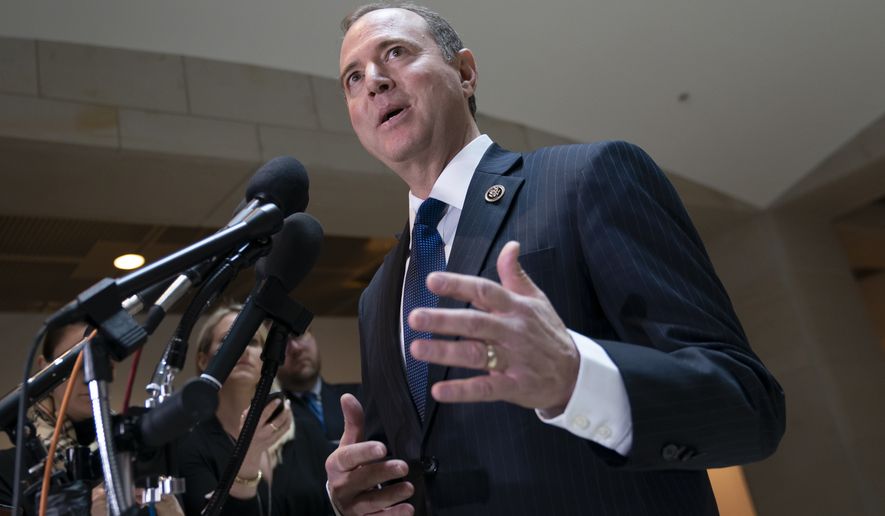 House Intelligence Committee Chairman Adam Schiff, D-Calif., speaks with reporters after his panel voted in a closed session to send more than 50 interview transcripts from its now-closed Russia investigation to special counsel Robert Mueller, on Capitol Hill in Washington, Wednesday, Feb. 6, 2019. Two associates of President Donald Trump have been charged with lying to the committee and Schiff said Mueller should consider whether additional perjury charges are warranted. (AP Photo/J. Scott Applewhite)