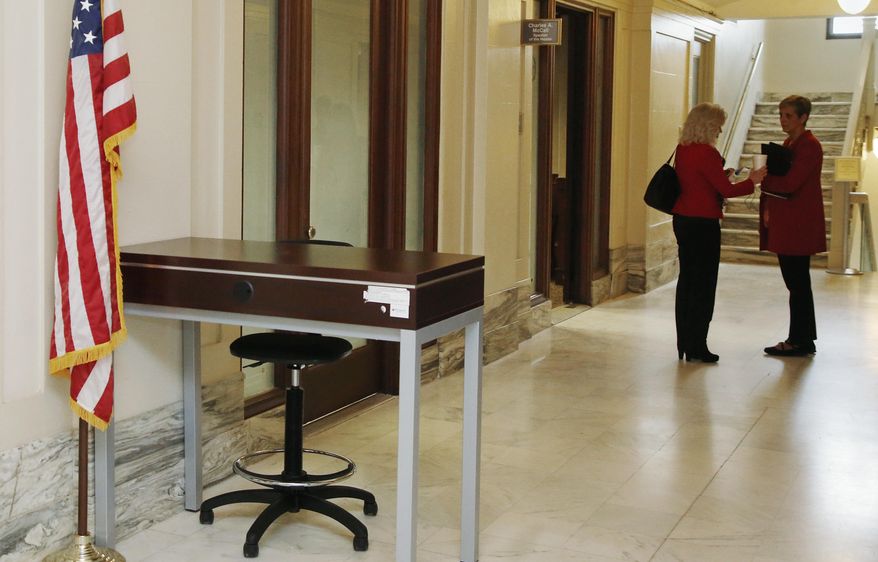 A not-yet-manned guard station is pictured in the hallway outside the office of House Speaker Charles McCall, R-Atoka, who confirmed increased security measures, including banning pubic access to the stairway at rear, in Oklahoma City, Wednesday, Feb. 6, 2019. (AP Photo/Sue Ogrocki)