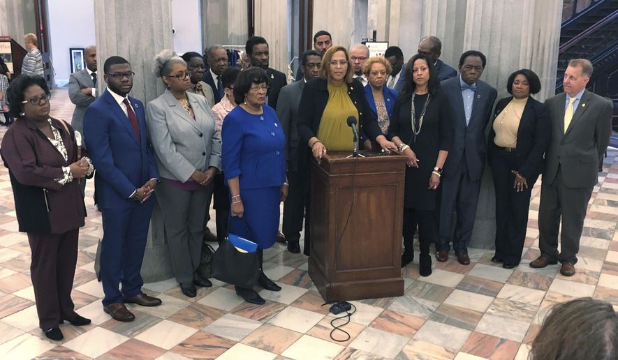 Members of the South Carolina Black Legislative Caucus discuss their concerns with judicial elections in the General Assembly on Wednesday, Feb. 6, 2019, in Columbia, S.C. The caucus was upset that two black women lost the only contested races to white candidates. (AP Photo/Jeffrey Collins)