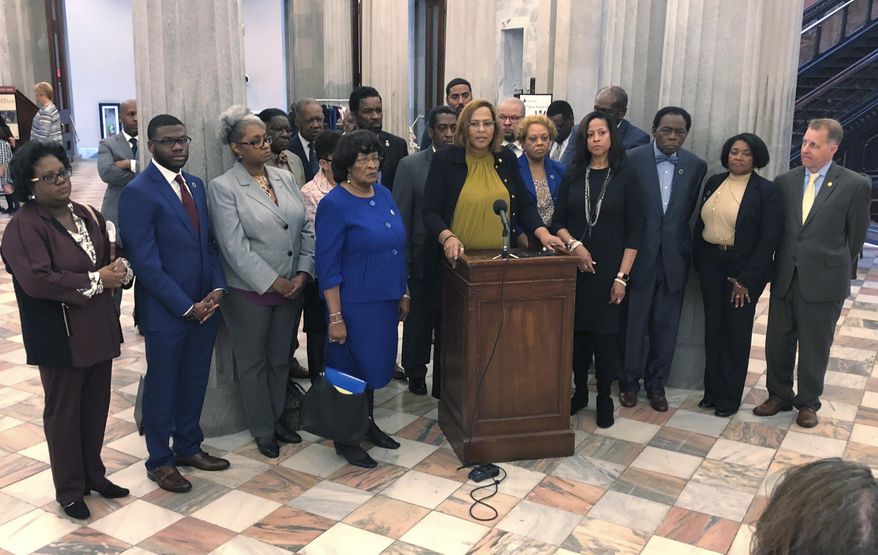 Members of the South Carolina Black Legislative Caucus discuss their concerns with judicial elections in the General Assembly on Wednesday, Feb. 6, 2019, in Columbia, S.C. The caucus was upset that two black women lost the only contested races to white candidates. (AP Photo/Jeffrey Collins)