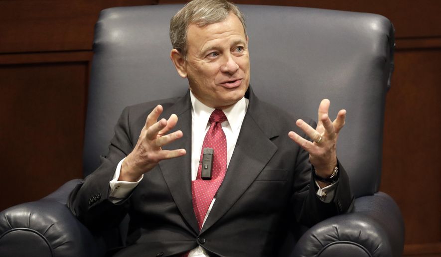 Supreme Court Chief Justice John Roberts answers questions during an appearance at Belmont University Wednesday, Feb. 6, 2019, in Nashville, Tenn. (AP Photo/Mark Humphrey)