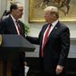 President Donald Trump congratulates David Malpass, under secretary of the Treasury for international affairs, after announcing his nomination to head the World Bank, during an event in the Rosevelt Room of the White House, Wednesday, Feb. 6, 2019, in Washington. (AP Photo/ Evan Vucci)