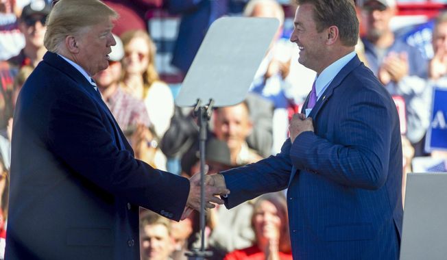 FILE - In this Oct. 20, 2018, file photo, President Donald Trump and U.S. Sen. Dean Heller, R-Nev., shake hands at a campaign rally in Elko, Nev. President Trump says former Nevada Sen. Heller lost his re-election because he was &amp;quot;extremely hostile&amp;quot; to Trump during the 2016 election and that he didn&#x27;t pick Heller to be U.S. Interior Secretary because he couldn&#x27;t get his base excited about the Republican, the Las Vegas Review-Journal reports. (AP Photo/Alex Goodlett, File)