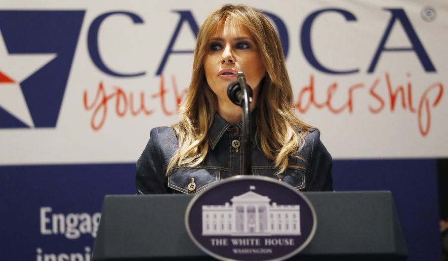First lady Melania Trump speaks at the Community Anti-Drug Coalitions of America (CADCA) National Leadership Forum, in National Harbor, Md., Thursday, Feb. 7, 2019. (AP Photo/Jacquelyn Martin)
First Lady Melania Trump participates in a policy briefing at the Office of National Drug Control Policy, Thursday, Feb. 7, 2019, in Washington. (AP Photo/Jacquelyn Martin)