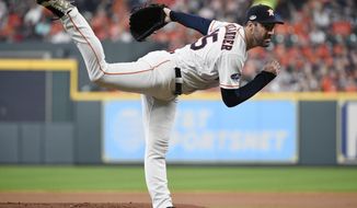 FILE - In this Oct. 5, 2018, file photo, Houston Astros starting pitcher Justin Verlander delivers a pitch against theCleveland Indians during the first inning in Game 1 of an American League Division Series baseball game, in Houston. The Astros have plenty of reasons to be confident with a big chunk of last year&#39;s squad which won a franchise-record 103 games. That group is led by a bevy of stars including 2017 AL MVP Jose Altuve, shortstop Carlos Correa, third baseman Alex Bregman, 2017 World Series MVP George Springer and starters Verlander and Gerrit Cole, who combined for 31 wins and 566 strikeouts in 2018. (AP Photo/Eric Christian Smith, File)