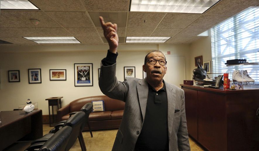 Los Angeles City Council President Herb Wesson describe how members of his staff had heard rustling sounds at City Hall in Los Angeles on Thursday, Feb. 7, 2019. Rats are scurrying between floors of Los Angeles' historic City Hall and possibly bringing in disease-borne fleas with them. Wesson is asking city staff to look into removing all of the building's rugs, where fleas are known to hide, after a person came down with typhus. (AP Photo/Reed Saxon)