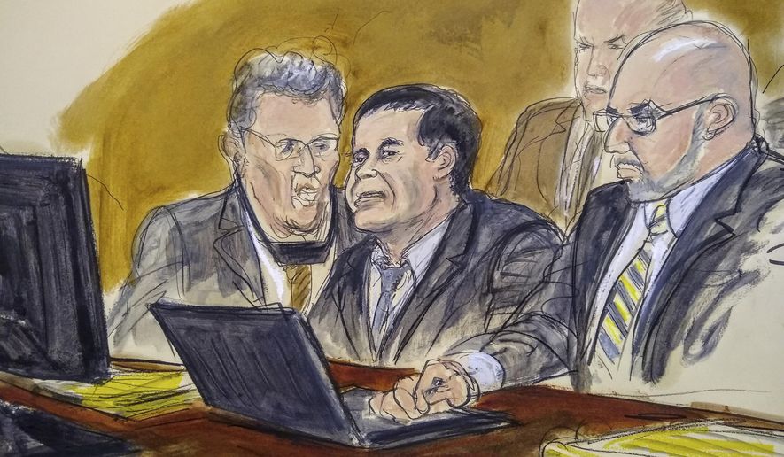 In this courtroom drawing, Joaquin El Chapo Guzman, center, listens to judge's answer to jury's question on Wednesday, Feb. 6, 2019, in New York. A jury at the U.S. trial of the infamous Mexican drug lord known as El Chapo has ended its third day of deliberations without a verdict. From left are an interpreter, Joaquin El Chapo Guzman, and attorney Eduardo Balazero. U.S. Marshals are seated behind the three men. (Elizabeth Williams via AP)