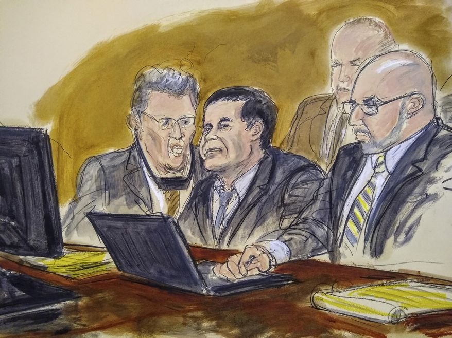 In this courtroom drawing, Joaquin El Chapo Guzman, center, listens to judge's answer to jury's question on Wednesday, Feb. 6, 2019, in New York. A jury at the U.S. trial of the infamous Mexican drug lord known as El Chapo has ended its third day of deliberations without a verdict. From left are an interpreter, Joaquin El Chapo Guzman, and attorney Eduardo Balazero. U.S. Marshals are seated behind the three men. (Elizabeth Williams via AP)