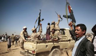 Tribesmen loyal to Houthi rebels chant slogans during a gathering aimed at mobilizing more fighters into battlefronts to fight pro-government forces, in Sanaa, Yemen. (AP Photo/Hani Mohammed, File)