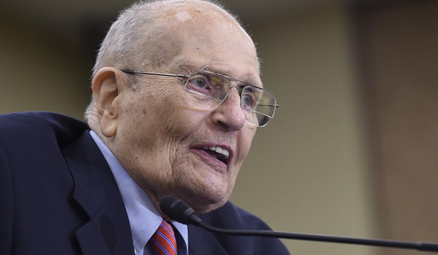 FILE - In this July 29, 2015 file photo, former Rep. John Dingell, D-Mich., speaks at an event marking the 50th Anniversary of Medicare and Medicaid on Capitol Hill in Washington. Former Michigan Rep. John Dingell, the longest-serving member of Congress in American history, has died. He was 92. Congresswoman Debbie Dingell says her husband died at his Dearborn home on Thursday, Feb. 7, 2019. (AP Photo/Susan Walsh, File)