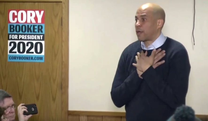 Sen. Cory Booker discusses his support for Democrats&#39; &quot;Green New Deal&quot; during a stop in Iowa, Feb. 8, 2019. He likened his support to Americans who fought Nazism during World War II. (Image: YouTube, GOP War Room video screenshot)