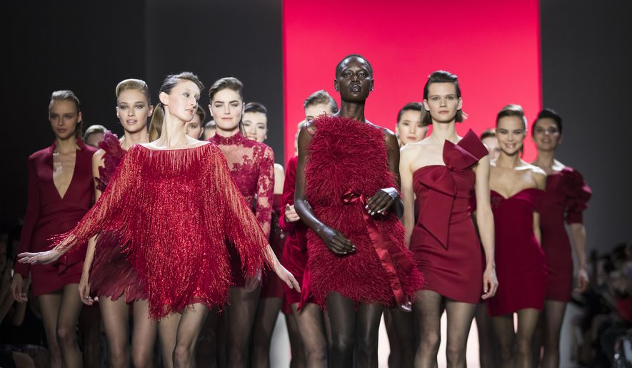 Fashion from the Badgley Mischka collection is modeled during New York Fashion Week, Thursday, Feb. 7, 2019. (AP Photo/Mary Altaffer)