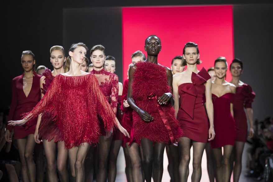 Fashion from the Badgley Mischka collection is modeled during New York Fashion Week, Thursday, Feb. 7, 2019. (AP Photo/Mary Altaffer)