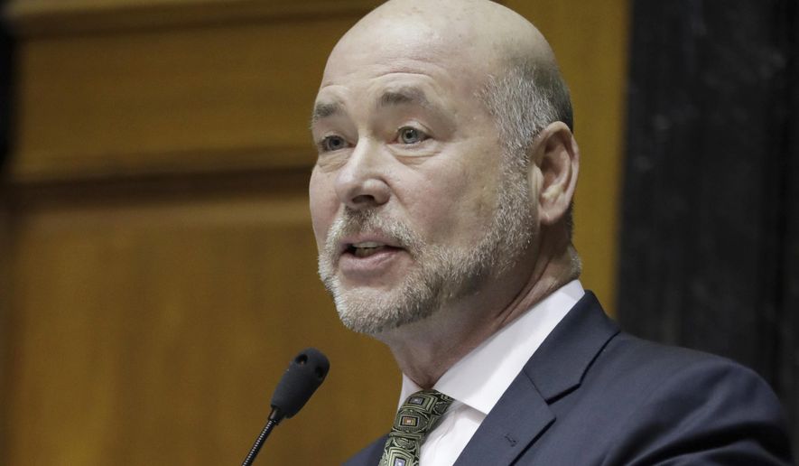 FILE - In this March 14, 2018, file photo, House Speaker Brian Bosma, R- Indianapolis, speaks following a hearing in the House chamber at the Statehouse in Indianapolis. A state election panel won't investigate Bosma's use of campaign funds to collect information on a woman who says she performed oral sex on the married Republican lawmaker when she was a legislative intern in 1992. (AP Photo/Darron Cummings, File)