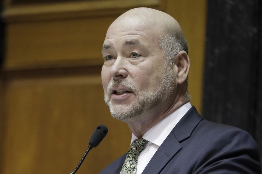 FILE - In this March 14, 2018, file photo, House Speaker Brian Bosma, R- Indianapolis, speaks following a hearing in the House chamber at the Statehouse in Indianapolis. A state election panel won't investigate Bosma's use of campaign funds to collect information on a woman who says she performed oral sex on the married Republican lawmaker when she was a legislative intern in 1992. (AP Photo/Darron Cummings, File)