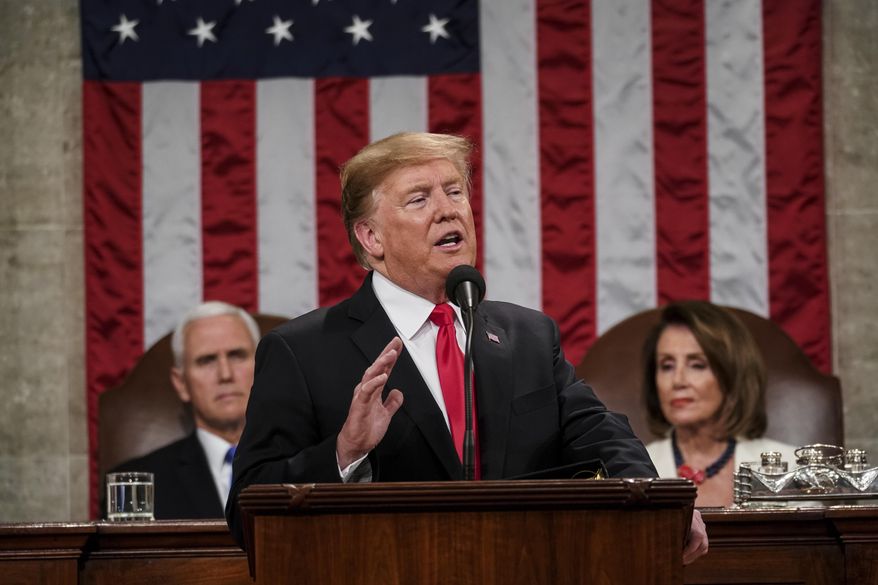 In this Feb. 5, 2019, photo, President Donald Trump gives his State of the Union address to a joint session of Congress at the Capitol in Washington, as Vice President Mike Pence, left, and House Speaker Nancy Pelosi listen. (Doug Mills/The New York Times via AP, Pool) **FILE**