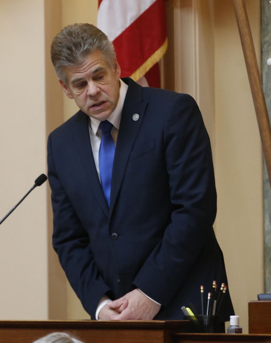 Virginia House of Delegates Speaker Del. Kirk Cox presides over the House session at the Capitol in Richmond, Va., Monday, Feb. 4, 2019. Cox says there's little appetite to try to impeach the state's embattled governor and that he should step down instead. (AP Photo/Steve Helber)