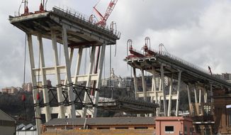 A view of of the Morandi bridge in Genoa, Italy, Saturday, Feb. 9, 2019. Workers taking apart the remains of a bridge which collapsed in Aug. 2018 are set to remove a 40 meter beam, seen in between the red machinery. A large section of the bridge collapsed over an industrial area in the Italian city of Genova last summer during a sudden and violent storm, leaving vehicles crushed in rubble below and killing 43 people. (AP Photo/Antonio Calanni)