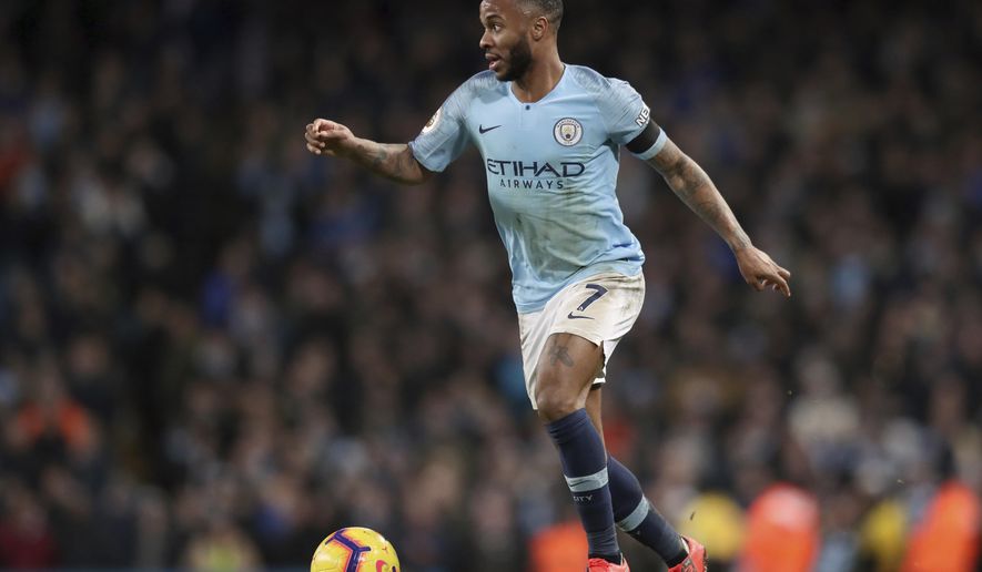 Manchester City&#x27;s Raheem Sterling controls the ball during the English Premier League soccer match between Manchester City and Chelsea at Etihad stadium in Manchester, England, Sunday, Feb. 10, 2019. (AP Photo/Jon Super)