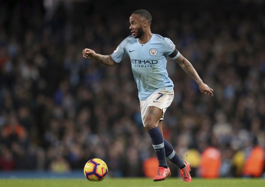 Manchester City&#x27;s Raheem Sterling controls the ball during the English Premier League soccer match between Manchester City and Chelsea at Etihad stadium in Manchester, England, Sunday, Feb. 10, 2019. (AP Photo/Jon Super)
