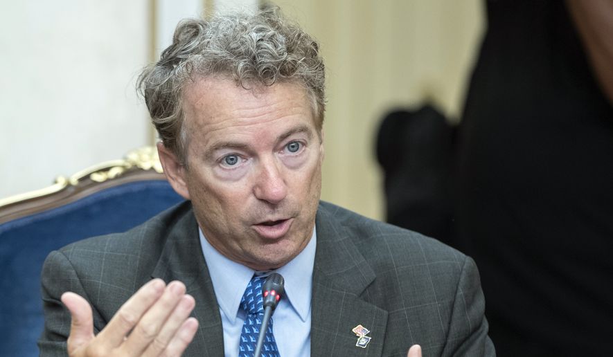 Sen. Rand Paul speaks during his meeting with Russian lawmakers in Moscow, Russia, Monday, Aug. 6, 2018. Paul said he invited Russian lawmakers to visit the United States to help foster inter-parliamentary contacts. (AP Photo/Pavel Golovkin) ** FILE **