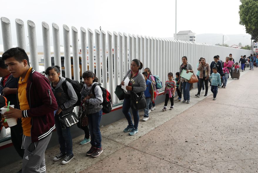 This July 26, 2018, file photo shows people lining up to cross into the United States to begin the process of applying for asylum near the San Ysidro port of entry in Tijuana, Mexico. Homeland Security&#39;s watchdog says immigration officials were not prepared to manage the consequences of its &quot;zero tolerance&quot; policy at the border this summer that resulted in the separation of nearly 3,000 children from parents. (AP Photo/Gregory Bull, File)