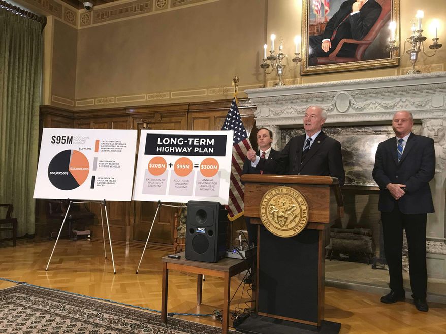 Arkansas Gov. Asa Hutchinson speaks at the state Capitol in Little Rock, Arkansas on Monday, February 11, 2019 about his proposed highway funding plan. (AP Photo/Andrew DeMillo)