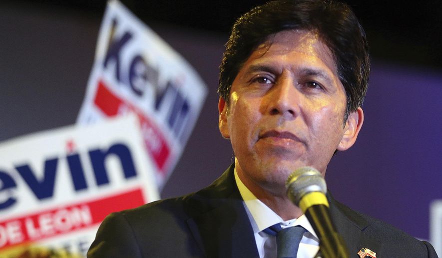 FILE - In this Nov. 6, 2018 file photo, California state Sen. Kevin de Leon, Democratic candidate for the U.S. Senate, thanks his supporters as he concedes the race to his opponent, incumbent Democrat Dianne Feinstein, in Los Angeles. The former Democratic state senator has set his sights on Los Angeles City Hall. The Los Angeles Times reports that de Leon said Monday, Feb. 11, 2019 that he plans to run to replace Councilman Jose Huizar, whose district includes downtown Los Angeles and is being forced out by term limits. (AP Photo/Reed Saxon, File)